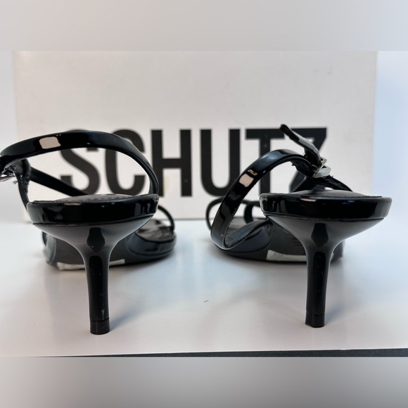 Schutz Heloise Sandal in Black strappy open toe kitten heel shiny patent leather - Picture 5 of 6